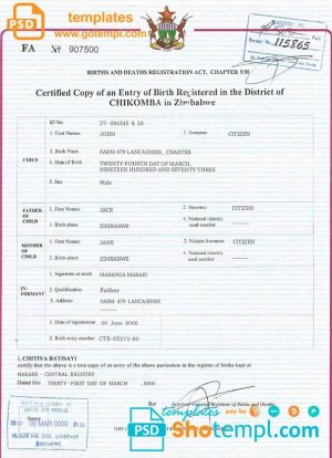 Zimbabwe birth certificate template in PSD format, fully editable