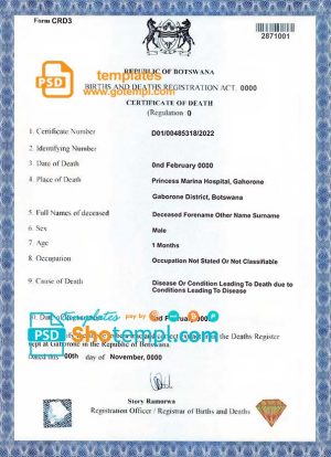 Botswana death certificate template in PSD format, fully editable