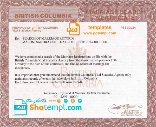Canada British Columbia marriage certificate template in PSD format