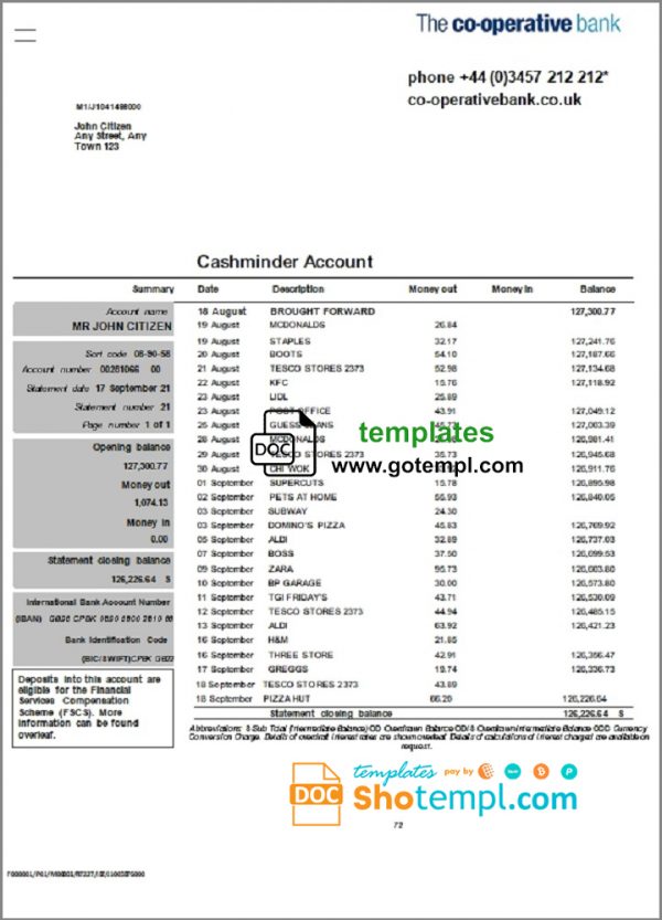United Kingdom The Co-operative bank statement in Word and PDF format