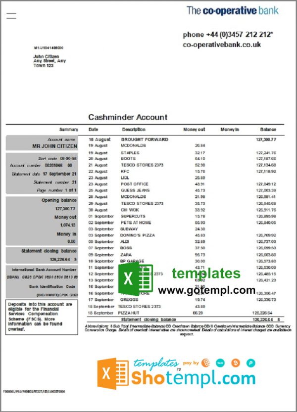 United Kingdom The Co-operative bank statement in Excel and PDF format