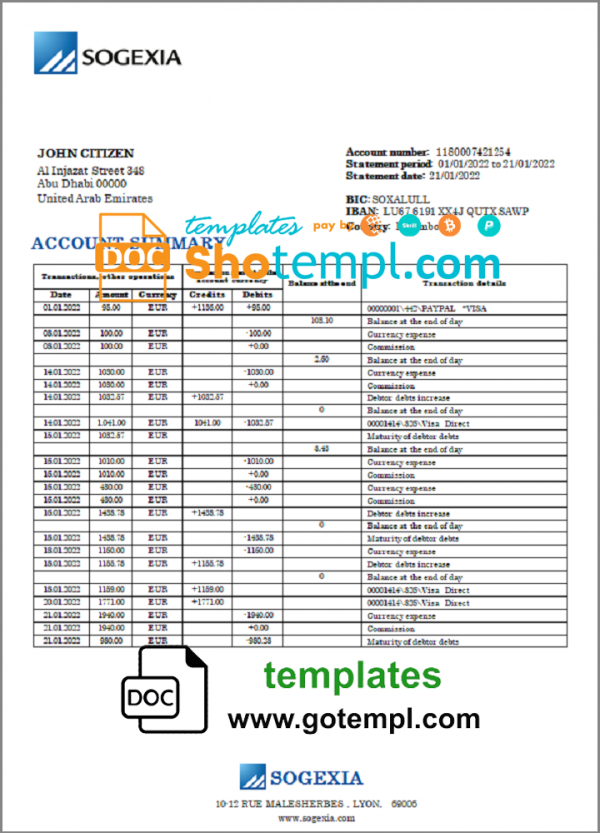 Luxembourg Sogexia Bank statement template in Word and PDF format
