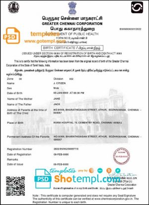 India birth certificate template in PSD format, fully editable