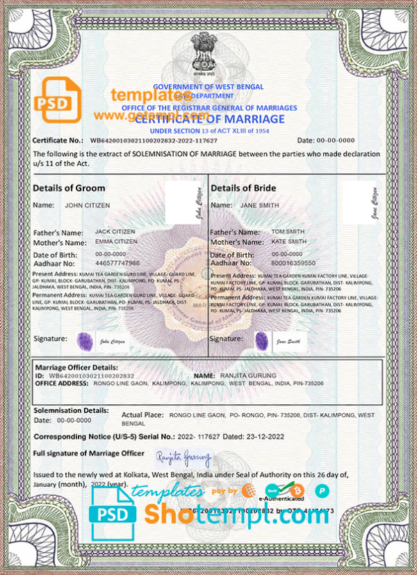 India marriage certificate template in PSD format, fully editable