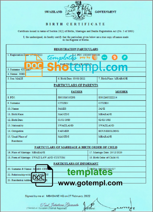 Swaziland birth certificate template in Word and PDF format