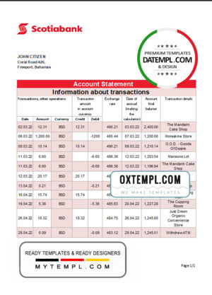 Bahamas Scotiabank bank statement template in Excel and PDF format
