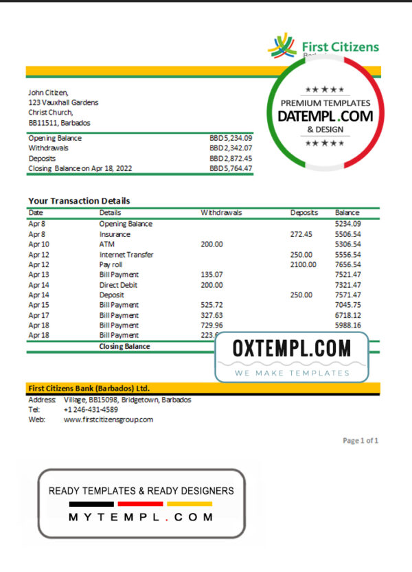 Barbados First Citizens bank statement template in Excel and PDF format