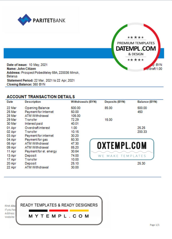 Belarus Paritet bank statement template in Word and PDF format