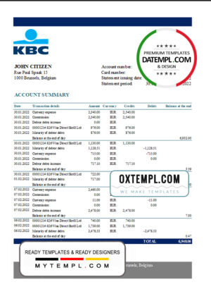 Belgium KBC bank statement template in Excel and PDF format