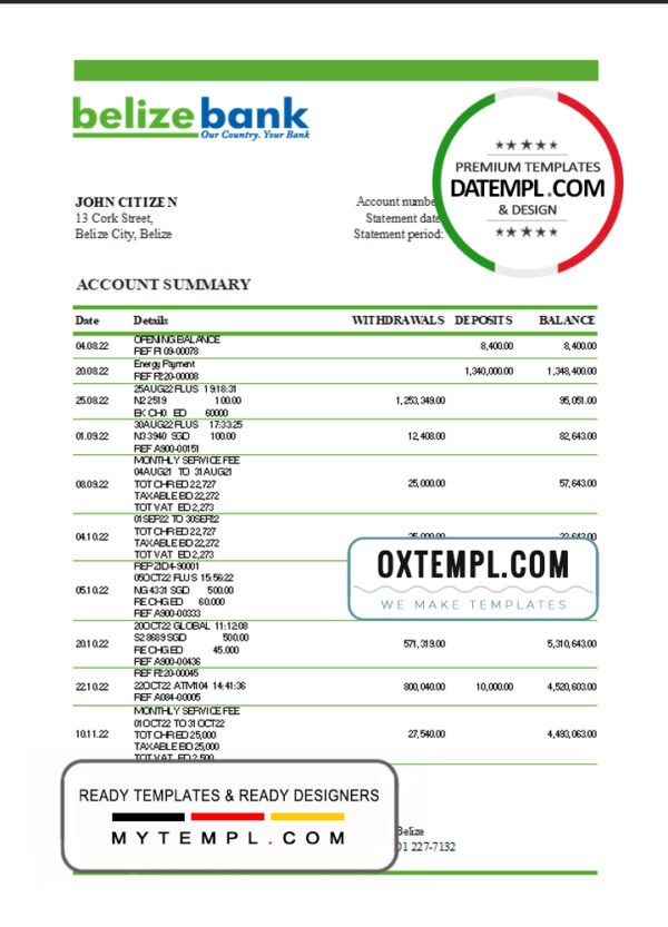 Belize bank statement template in Excel and PDF format, fully editable