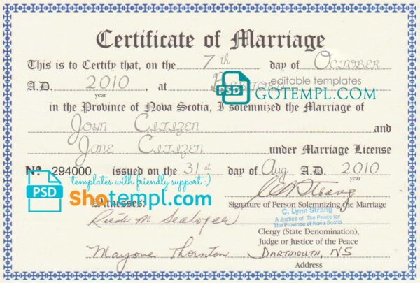 Canada Province of Nova Scotia marriage certificate template in PSD format
