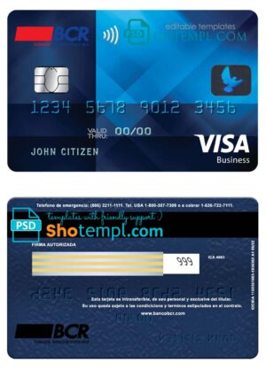 Costa Rica The Bank of Costa Rica bank visa business credit card template in PSD format