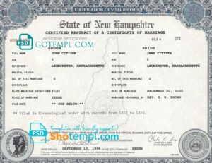 USA New Hampshire state marriage certificate template in PSD format, fully editable