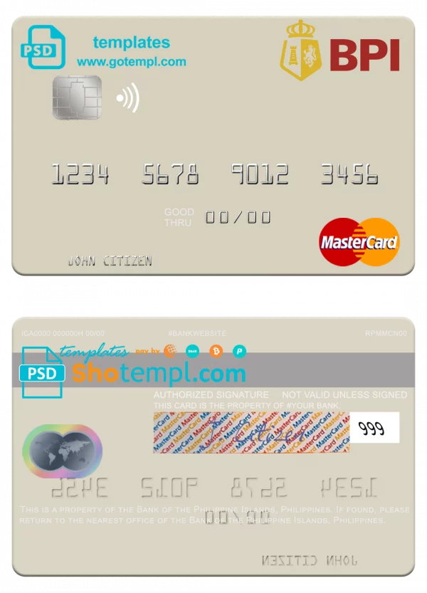 Philippines Bank of the Philippine Islands mastercard card template in PSD format, fully editable
