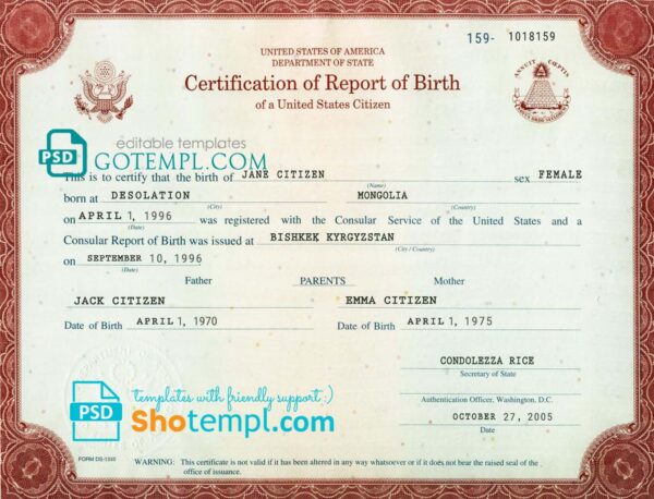 USA certification of report of birth Washington certificate template in PSD format, fully editable