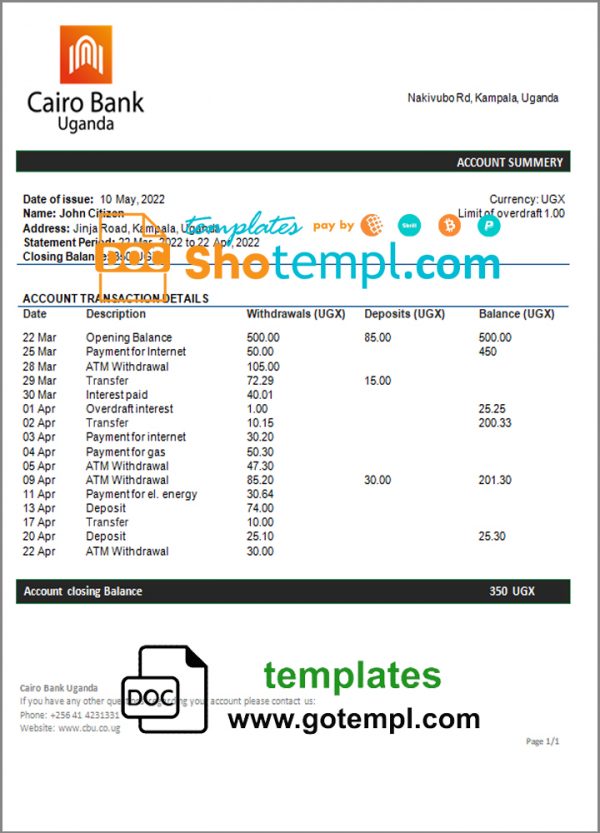 Uganda Cairo bank statement template in Word and PDF format