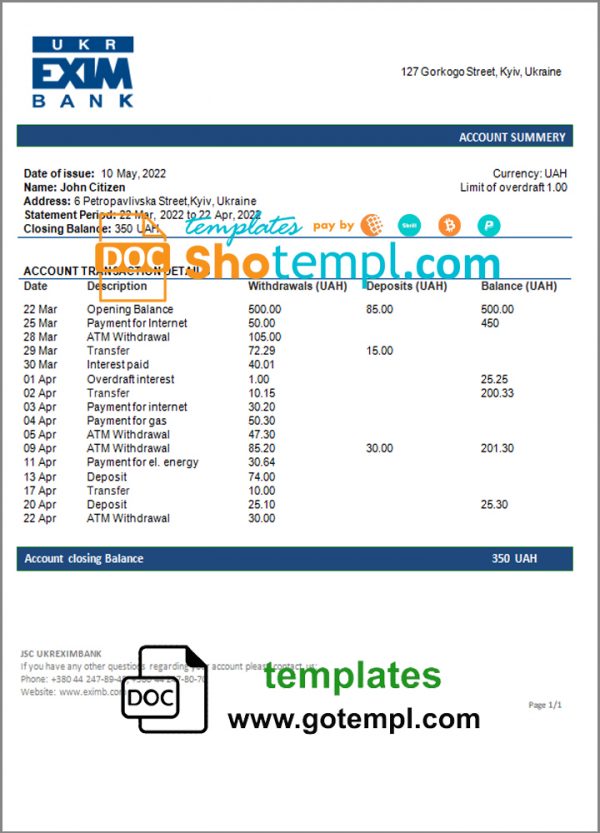 Ukraine Ukreximbank Bank statement template, Word and PDF format (.doc and .pdf)