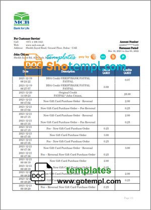 United Arab Emirates MCB bank statement template in Word and PDF format