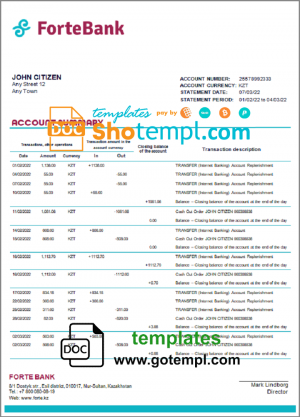Kazakhstan Forte bank statement template in Word and PDF format