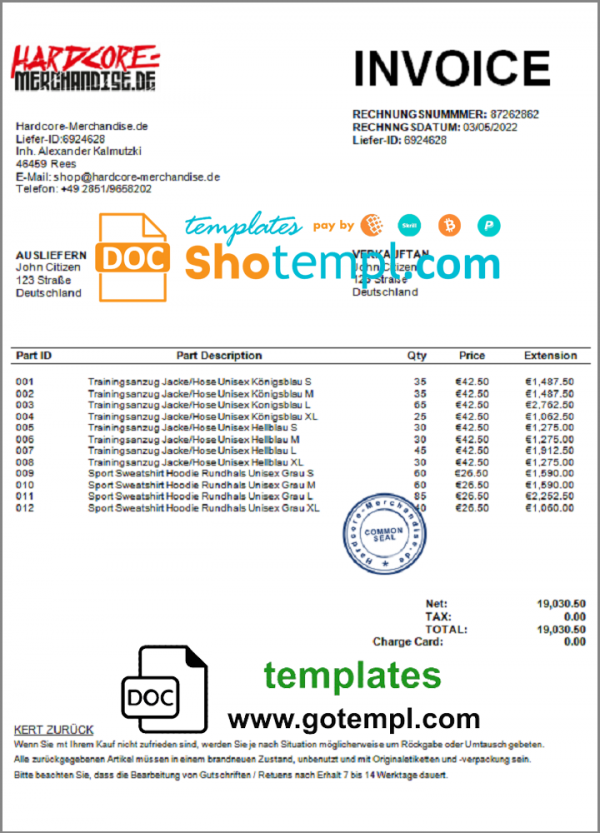 Germany Hardcore Merchandise invoice template in Word and PDF format