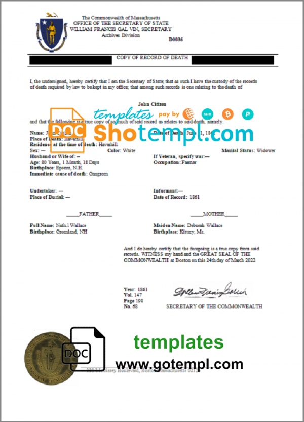 USA Massachussetts Death Certificate statement template in Word and PDF format