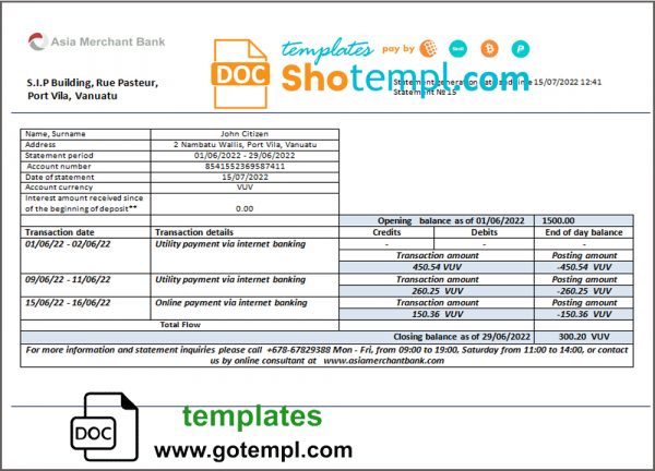 Vanuatu Asia Merchant bank statement template in Word and PDF format