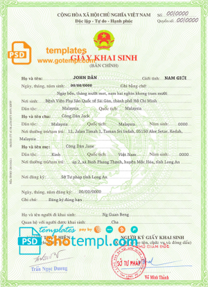Vietnam birth certificate template in PSD format, fully editable