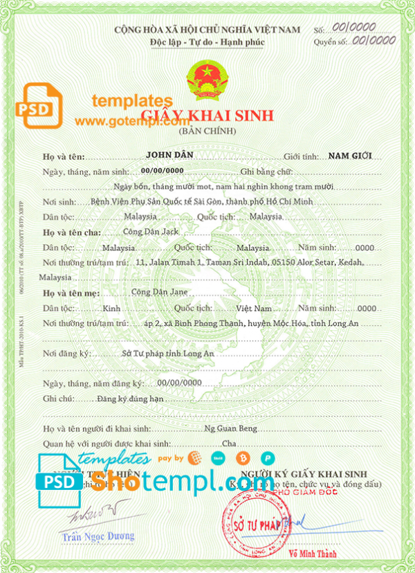 Vietnam birth certificate template in PSD format, fully editable