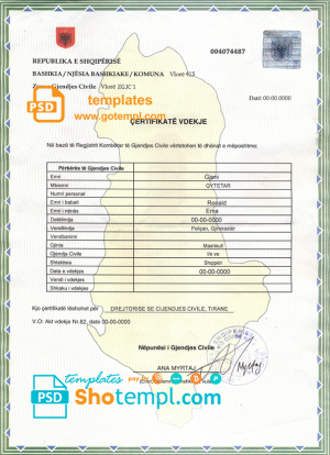 Albania death certificate template in PSD format, fully editable