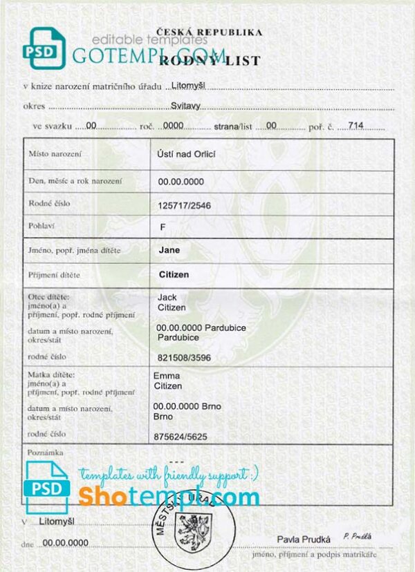 Czech birth certificate fully editable template in PSD format