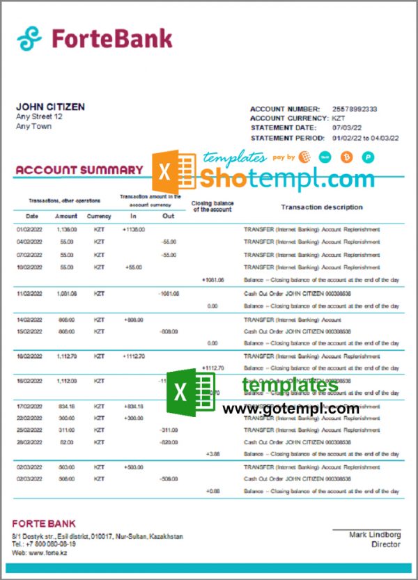 Kazakhstan Forte bank statement template in Excel and PDF format