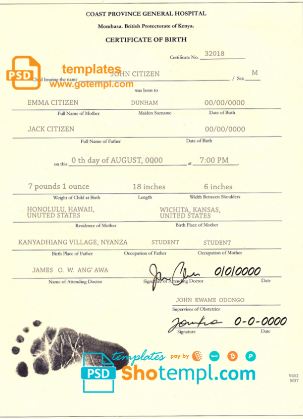 Kenya birth certificate template in PSD format, fully editable
