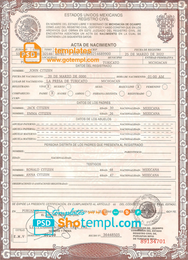 Mexico birth certificate template in PSD format, fully editable