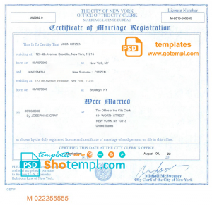 USA New York state marriage certificate template in PSD format, fully editable