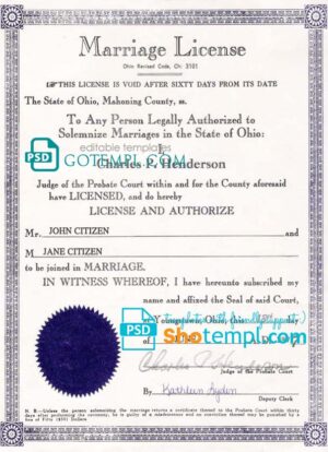 USA Ohio state marriage certificate template in PSD format