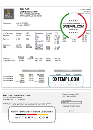 USA Ohio construction company earnings statement template in Word and PDF format