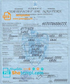 Romania birth certificate template in PSD format, fully editable