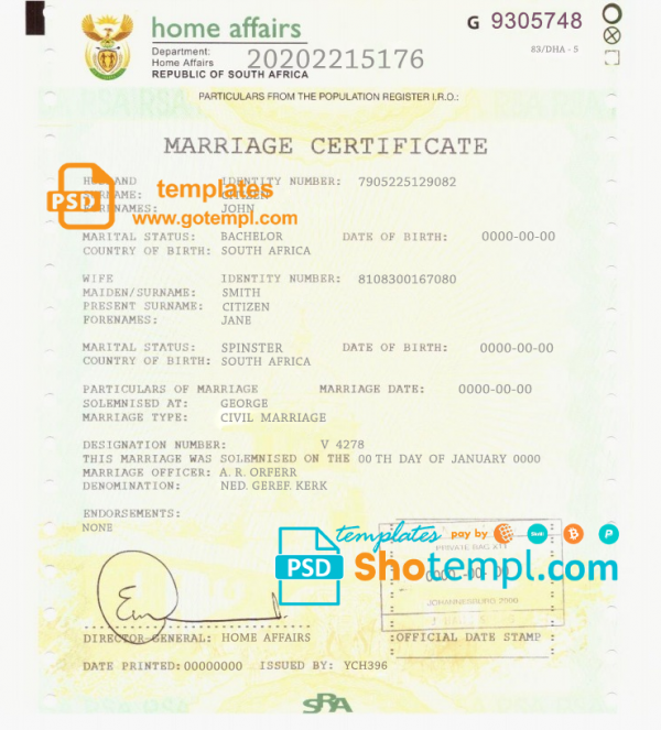 South Africa marriage certificate template in PSD format, fully editable