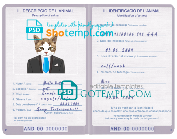 Andorra cat (animal, pet) passport PSD template, fully editable