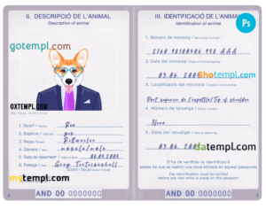 Andorra dog (animal, pet) passport PSD template, fully editable