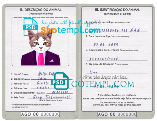 Angola cat (animal, pet) passport PSD template, fully editable