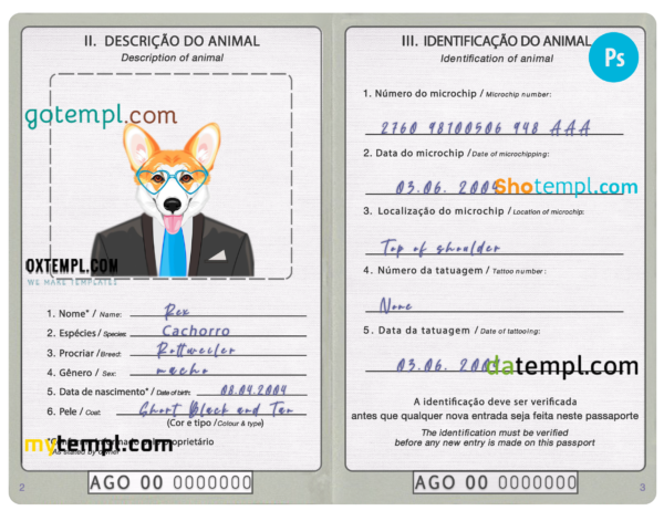 Angola dog (animal, pet) passport PSD template, fully editable