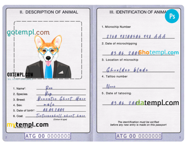 Antigua and Barbuda dog (animal, pet) passport PSD template