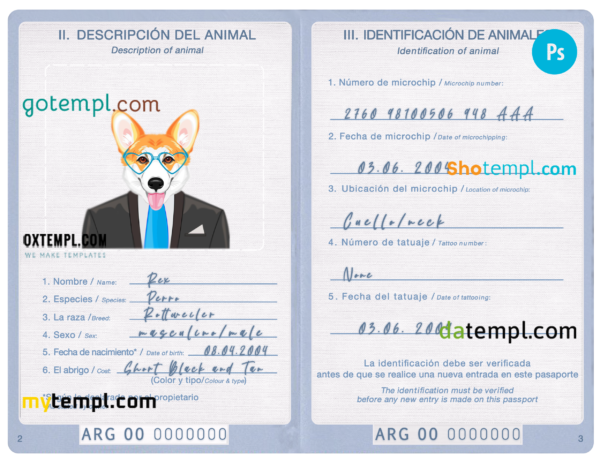 Argentina dog (animal, pet) passport PSD template, fully editable