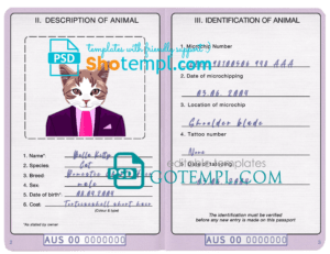 Australia cat (animal, pet) passport PSD template, fully editable