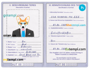 Austria dog (animal, pet) passport PSD template, fully editable