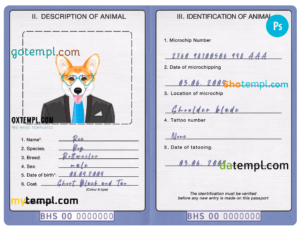 Bahamas dog (animal, pet) passport PSD template, fully editable