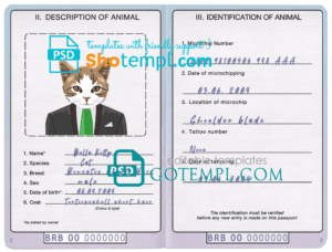 Barbados cat (animal, pet) passport PSD template, fully editable