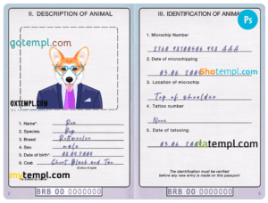 Barbados dog (animal, pet) passport PSD template, fully editable