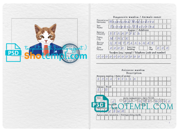 Belarus cat (animal, pet) passport template in PSD, fully editable